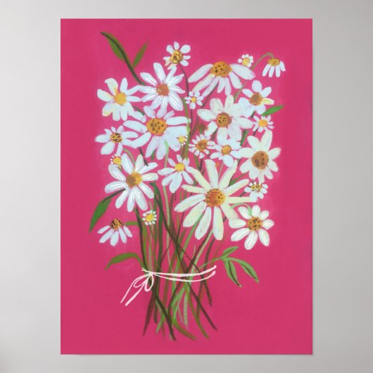 Wit Daisy Boeket op Roze Gouache Schilderkunst Poster (Voorkant)