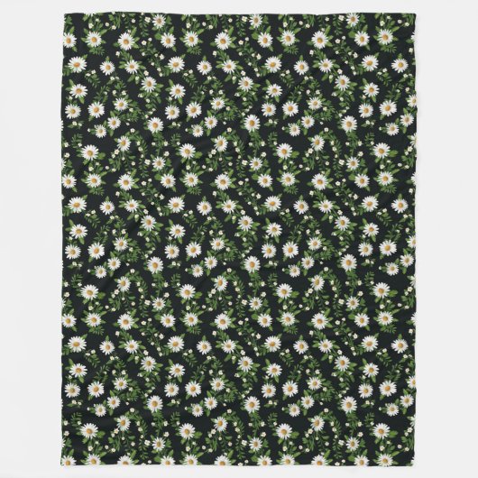 Wit Daisy Design op zwart Fleece Deken (Voorkant)