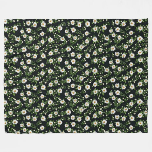 Wit Daisy Design op zwart Fleece Deken (Voorkant (Horizontaal))