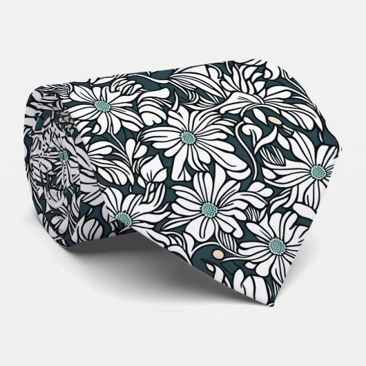 Wit Daisy Patroon op Donkergroene Achtergrond Stropdas (Opgerold)