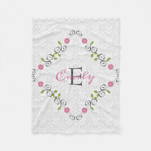 Wit Damask Bloemen Lijst Fleece Deken