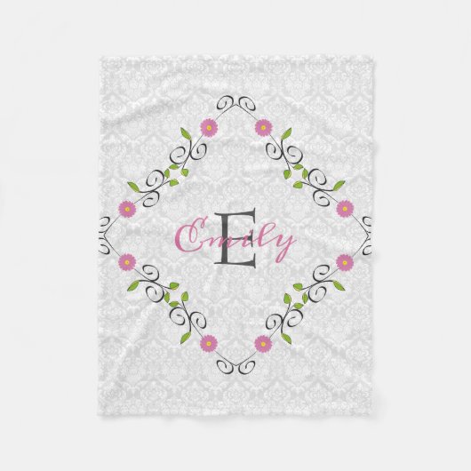 Wit Damask Bloemen Lijst Fleece Deken (Voorkant)