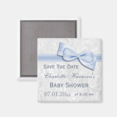 Wit Damask & Blue Bow Baby shower Save The Date Magneet (Voorkant / Achterkant)