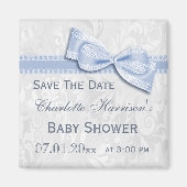 Wit Damask & Blue Bow Baby shower Save The Date Magneet (Voorkant)