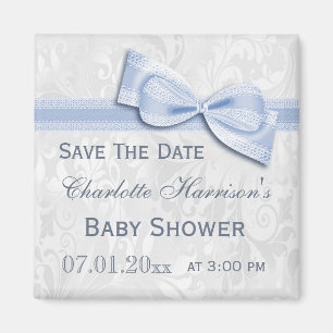 Wit Damask & Blue Bow Baby shower Save The Date Magneet