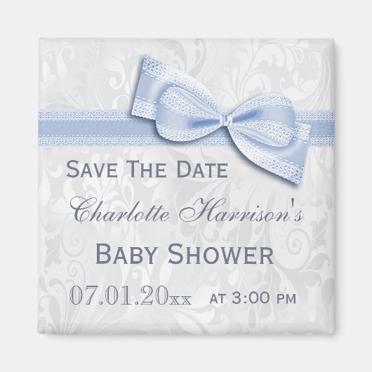 Wit Damask & Blue Bow Baby shower Save The Date Magneet (Voorkant)