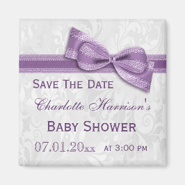 Wit Damask & Faux Bow Baby shower Sla de datum op Magneet