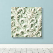 Wit damast bloempatroon zachte groene achtergrond canvas afdruk (Insitu (Houten vloer))
