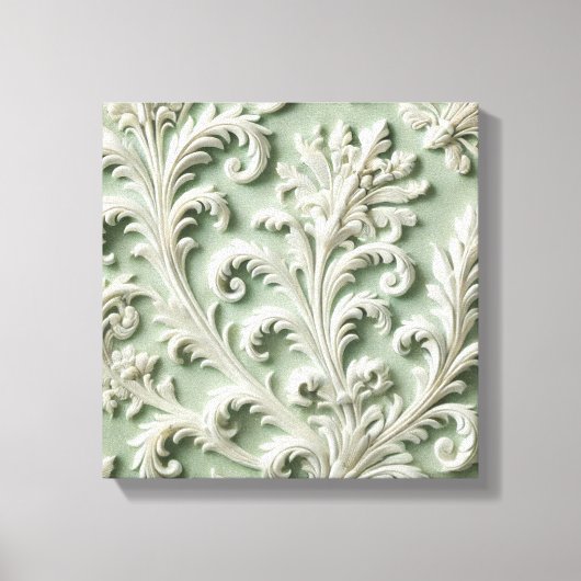 Wit damast bloempatroon zachte groene achtergrond canvas afdruk (Voorkant)