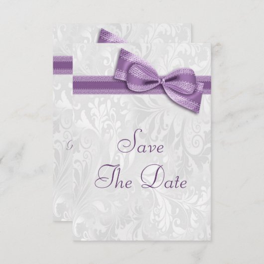 Wit Damast en Neppe Strik Save-the-Datekaart Save The Date (Voorkant / Achterkant)