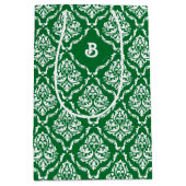 Wit  damast patroon op kerstgroen medium cadeauzakje (Voorkant)