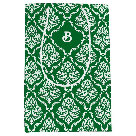 Wit damast patroon op kerstgroen medium cadeauzakje (Voorkant)