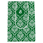 Wit  damast patroon op kerstgroen medium cadeauzakje (Achterkant)