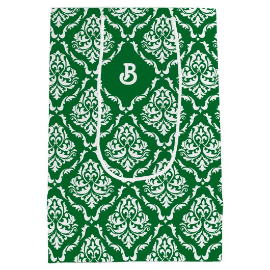 Wit  damast patroon op kerstgroen medium cadeauzakje (Achterkant)