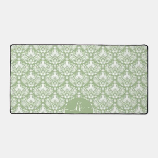 Wit damast patroon op salie groen monogram bureaumat (Voorkant)