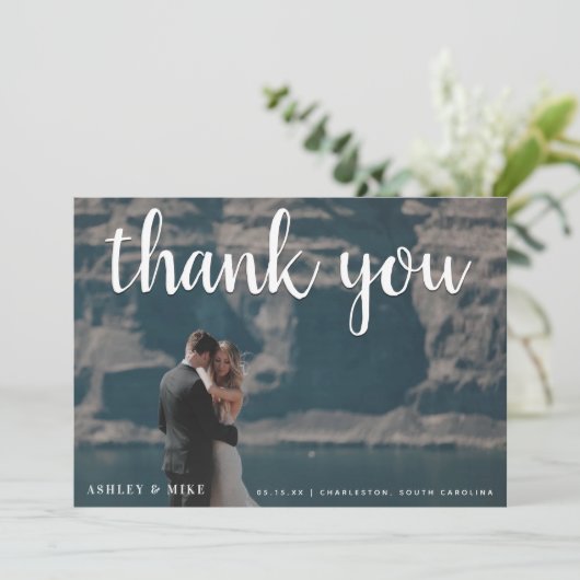 Wit Dank U 3 Foto Zwart & Wit Bruiloft Bedankkaart (Staand voorkant)