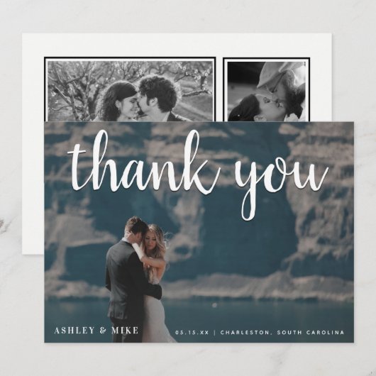 Wit Dank U 3 Foto Zwart & Wit Bruiloft Bedankkaart (Voorkant / Achterkant)