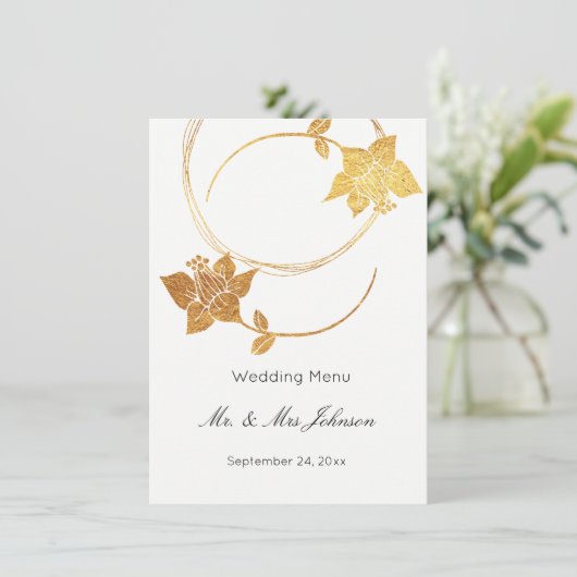 Wit Delicaat Goud Bloemen Bruiloft Event Menu (Staand voorkant)