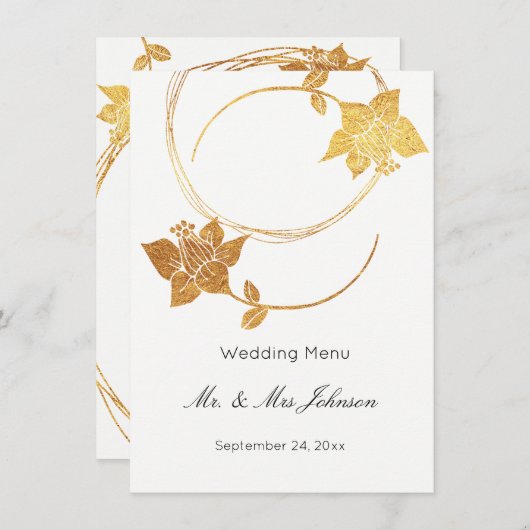 Wit Delicaat Goud Bloemen Bruiloft Event Menu (Voorkant / Achterkant)