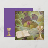 Wit doek met wijn en brood, omringd door groen feestdagenkaart (Voorkant / Achterkant)