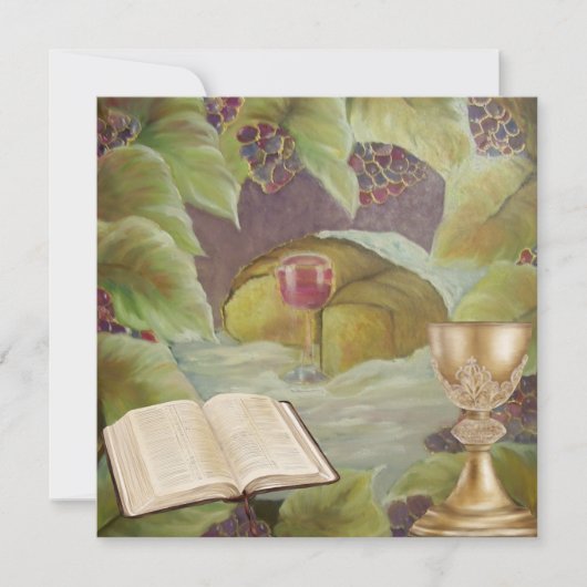 Wit doek met wijn en brood, omringd door groen feestdagenkaart (Voorkant)