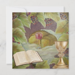 Wit doek met wijn en brood, omringd door groen feestdagenkaart