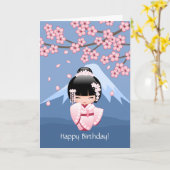 Wit Doll van Kokeshi van de Kimono - de Leuke Kaart (Gele Bloem)