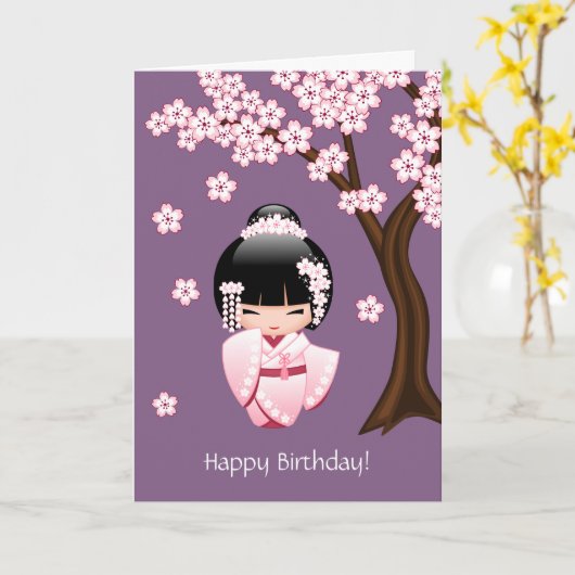 Wit Doll van Kokeshi van de Kimono - de Leuke Kaart (Gele Bloem)