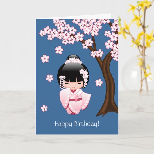 Wit Doll van Kokeshi van de Kimono - de Leuke Kaart (Gele Bloem)