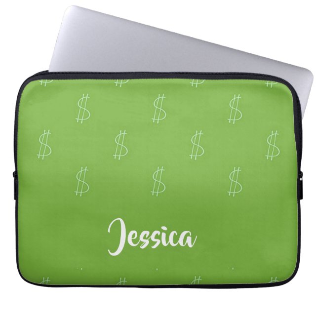 Wit-dollarteken groen laptop sleeve (Voorkant)