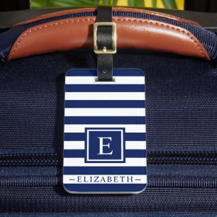 wit donker marineblauw kleurblok stijl bagagelabel