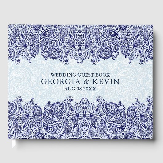 Wit & Donkerblauw Bloemen Paisley Kant Gastenboek (Voorkant)