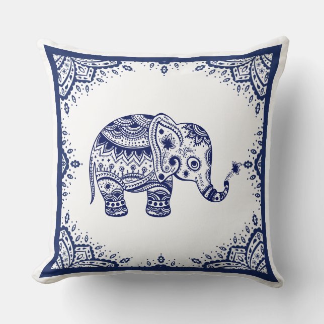 Wit & Donkerblauw Bloemen Paisley & Olifant Kussen (Voorkant)