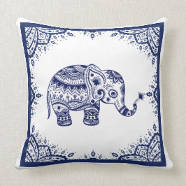 Wit & Donkerblauw Bloemen Paisley & Olifant Kussen