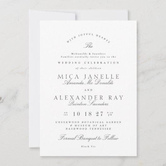 Wit Donkergrijs  Kalligrafie Formele Bruiloft Kaart (Voorkant)