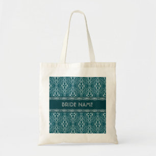 Wit & Donkergroen Damask Patroon-Aangepast Monogra Tote Bag