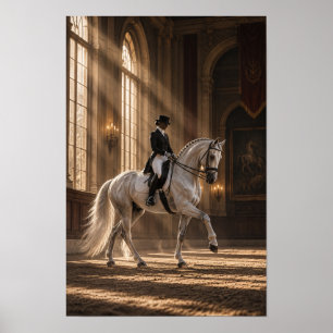 Wit dressuurpaard en ruiter in grote rijhal poster