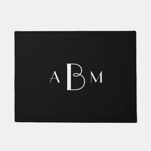 Wit Drie Initiaal Monogram op Zwart Deurmat (Voorkant)
