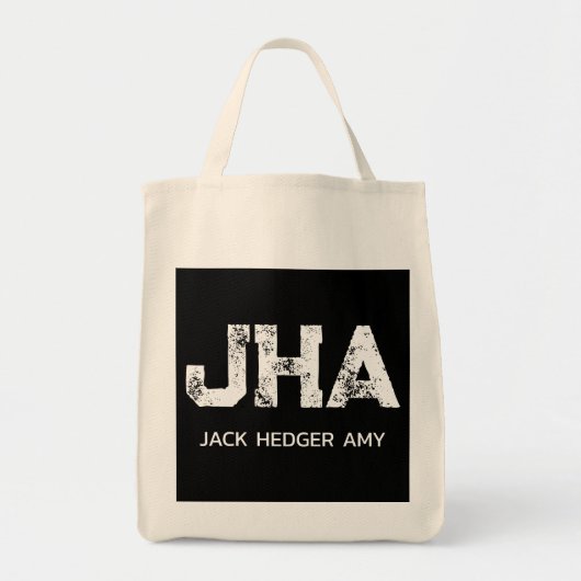 WIT DRIELITTERIG MONOGRAM NAAM ZWART NATUURLIJK TOTE BAG (Voorkant)