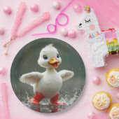 Wit eendje spettert in een regenplas papieren bordje (Feest)