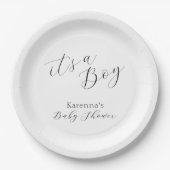 Wit Eenvoudig Minimalistisch Script Boy Baby showe Papieren Bordje (Voorkant)