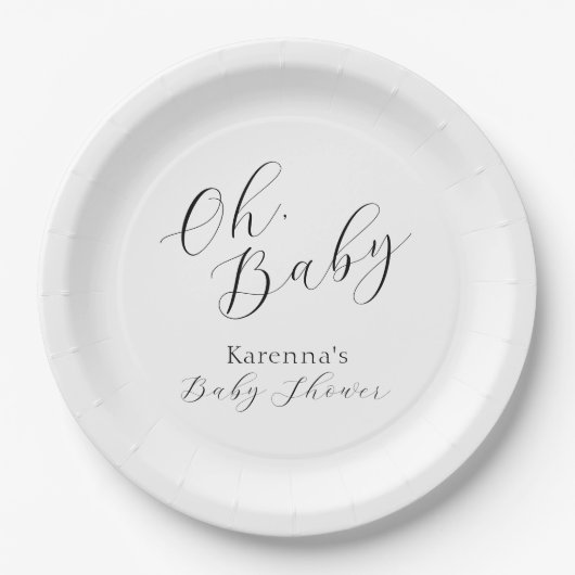 Wit Eenvoudig Minimalistisch Script Oh Baby shower Papieren Bordje (Voorkant)