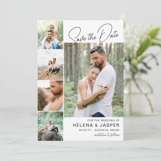 Wit Eenvoudig schoon 5 Fotocollage Save The Date (Staand voorkant)