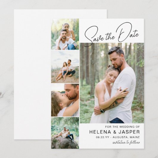 Wit Eenvoudig schoon 5 Fotocollage Save The Date (Voorkant / Achterkant)