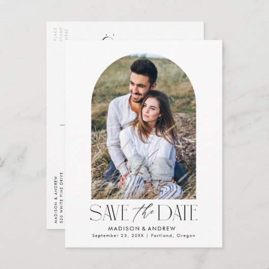 Wit | Eenvoudige moderne boogfoto Save the Date Aankondigingskaart (Voorkant / Achterkant)