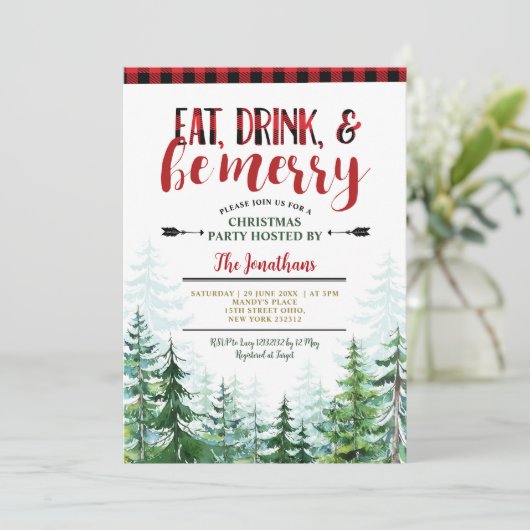 Wit Eet-, Drink- en vrolijke Kerstfeestviering Kaart (Staand voorkant)