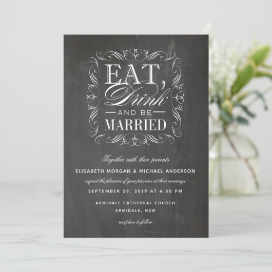 Wit eet drink en wordt huwelijksuitnodiging kaart (Staand voorkant)