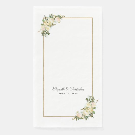 Wit Elegant Bloemen Roos Metallic Goud Bruiloft Servet (Voorkant)