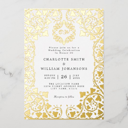 Wit Elegant Goud Bloemen Lijst Initiaal Bruiloft Folie Uitnodiging (Voorkant)