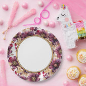 Wit Elegant Goud Bourgogne Bloemen patroon rand Papieren Bordje (Feest)